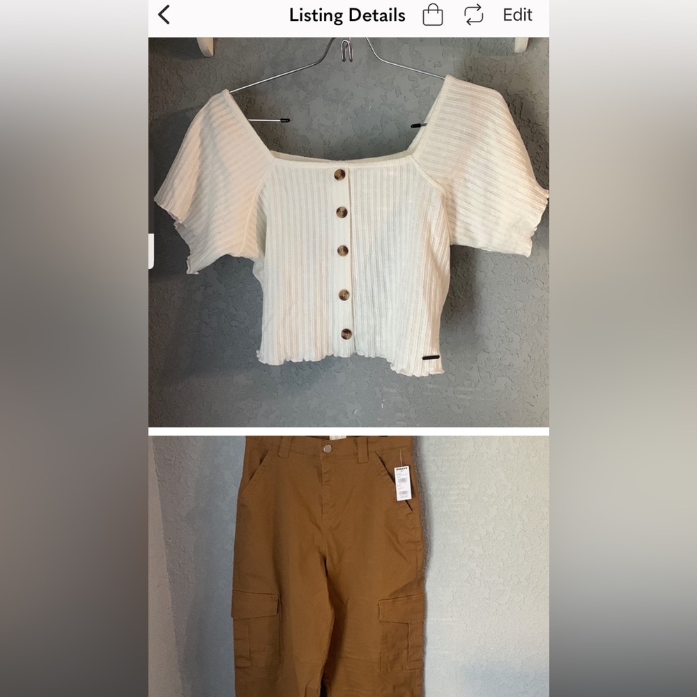Tillys Camel colored cargo pants and Roxy halter top